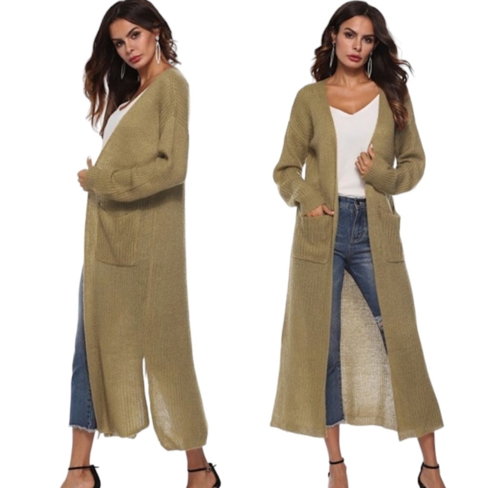 Khaki Light Weight Maxi Cardigan. - Size S